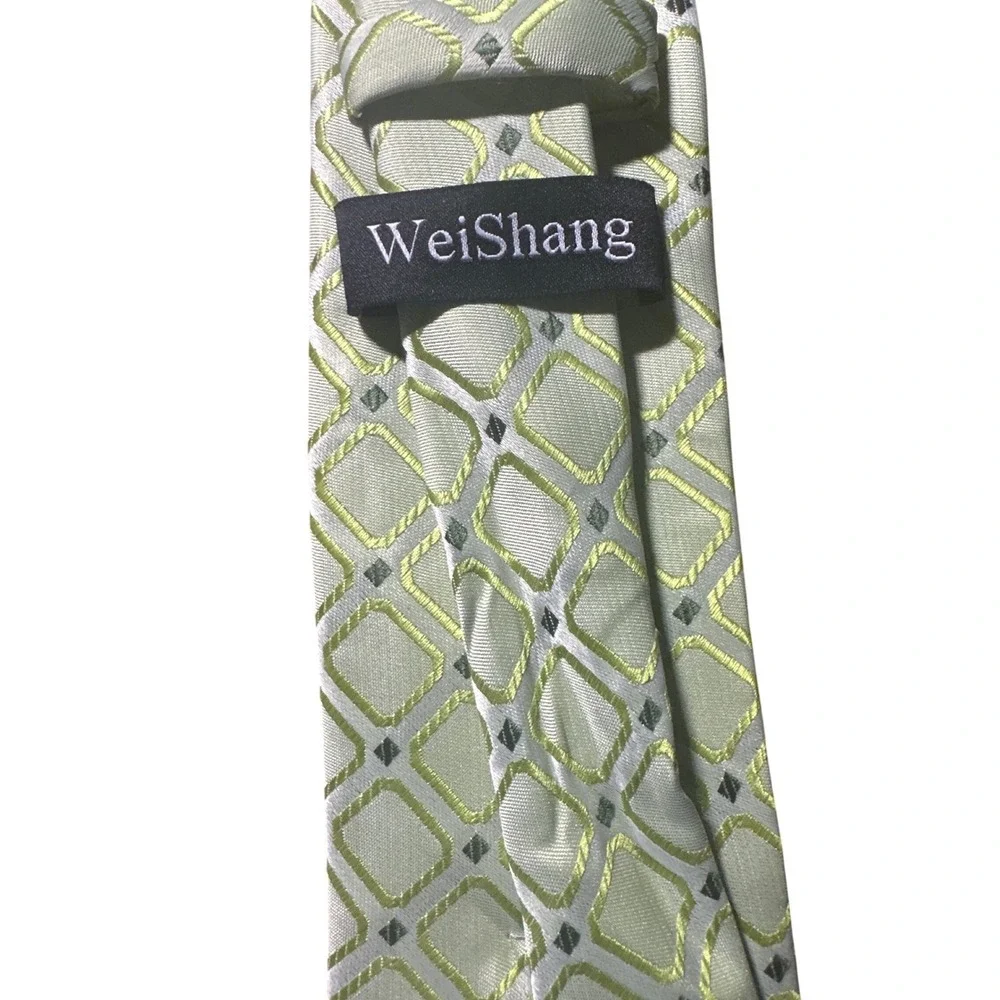WeiShang Mens 100 Silk Hand Made Light Green Geometric Diamond Pattern Neck Tie‎